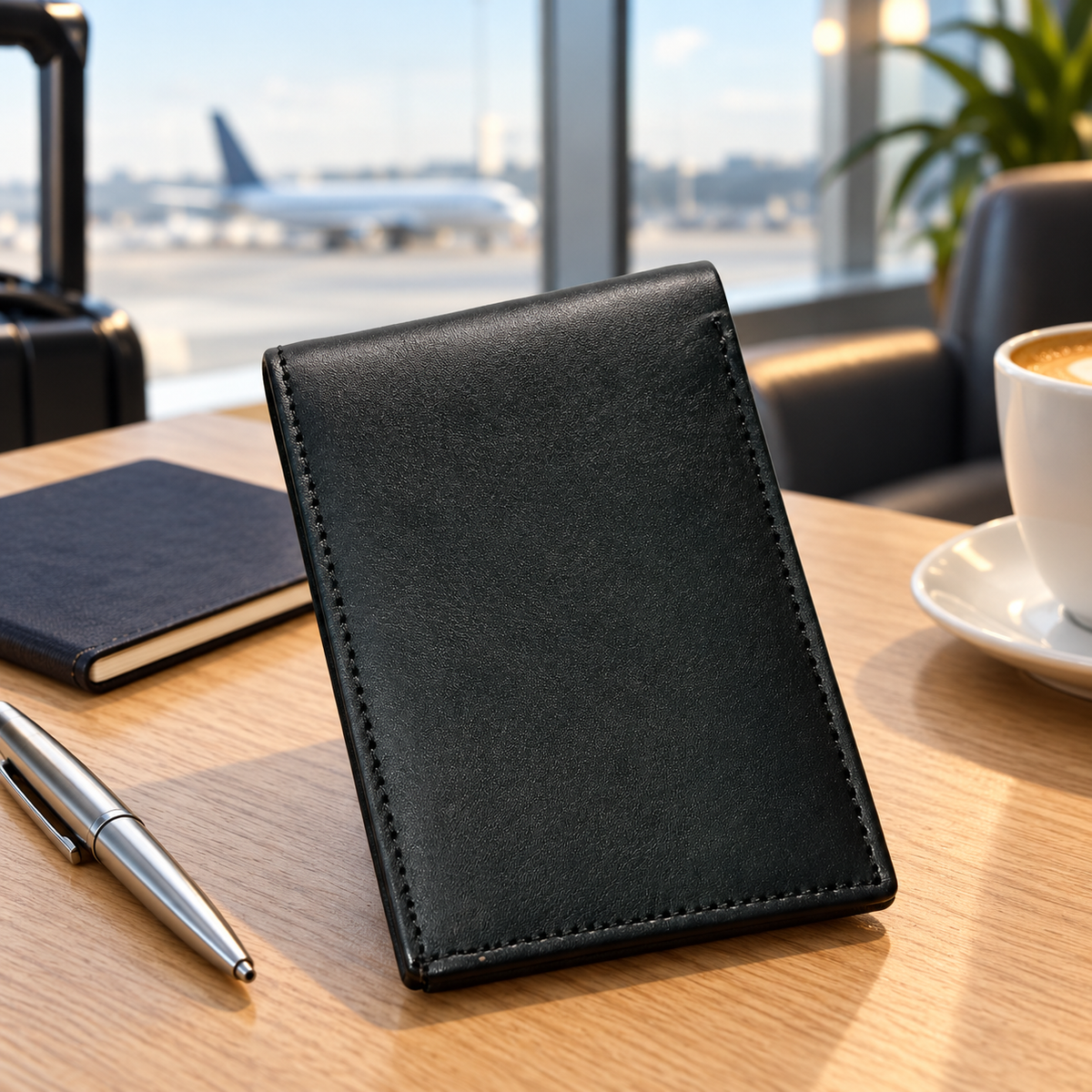Slim black leather bifold wallet on a desk beside a notebook and pen