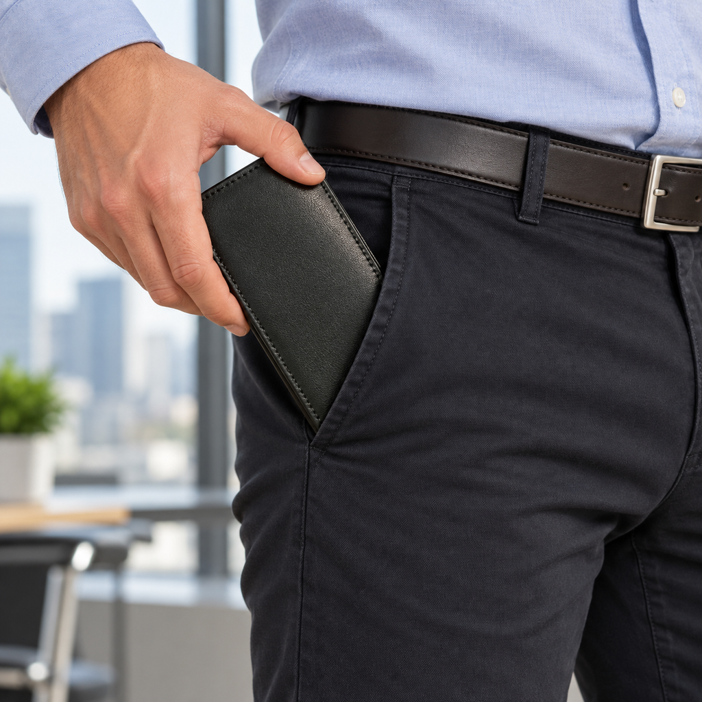 Slim black leather bifold wallet being slipped into a trouser pocket
