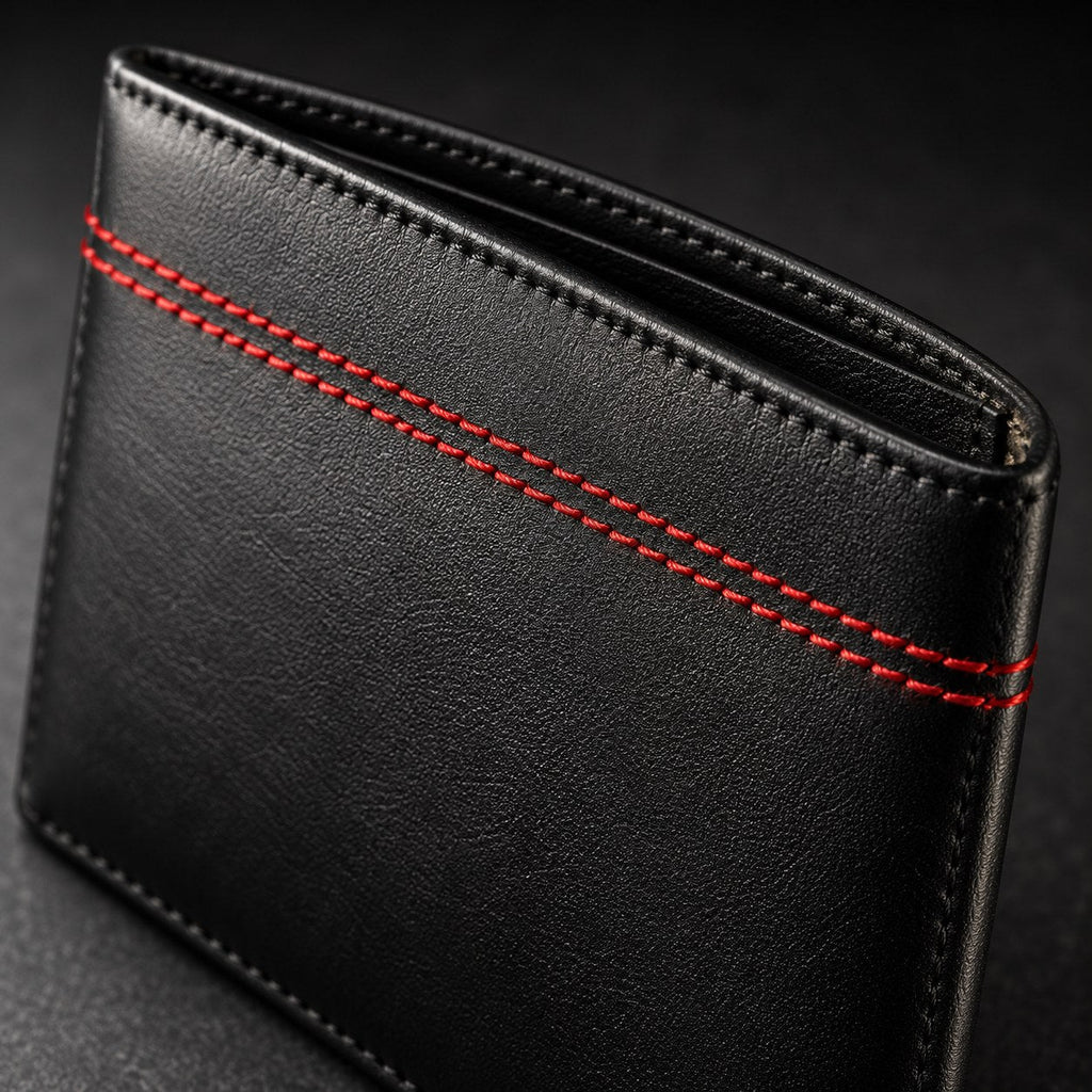 Close-up of the twin red stitch line across the front of the black leather wallet