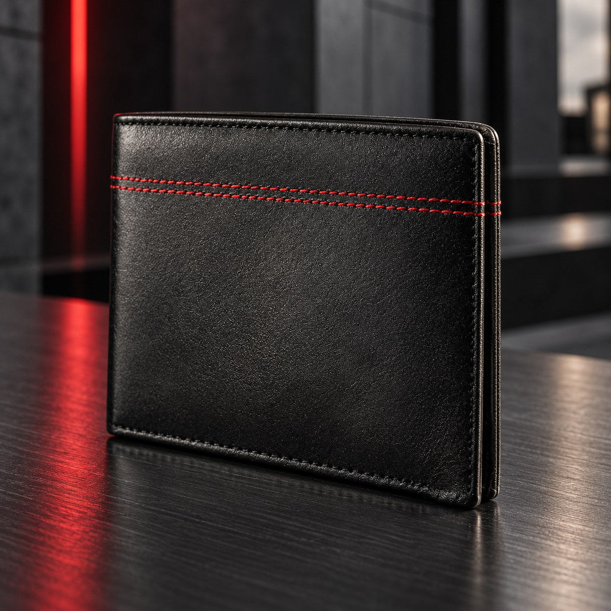 Black kid cow leather wallet with red stitching on a dark table