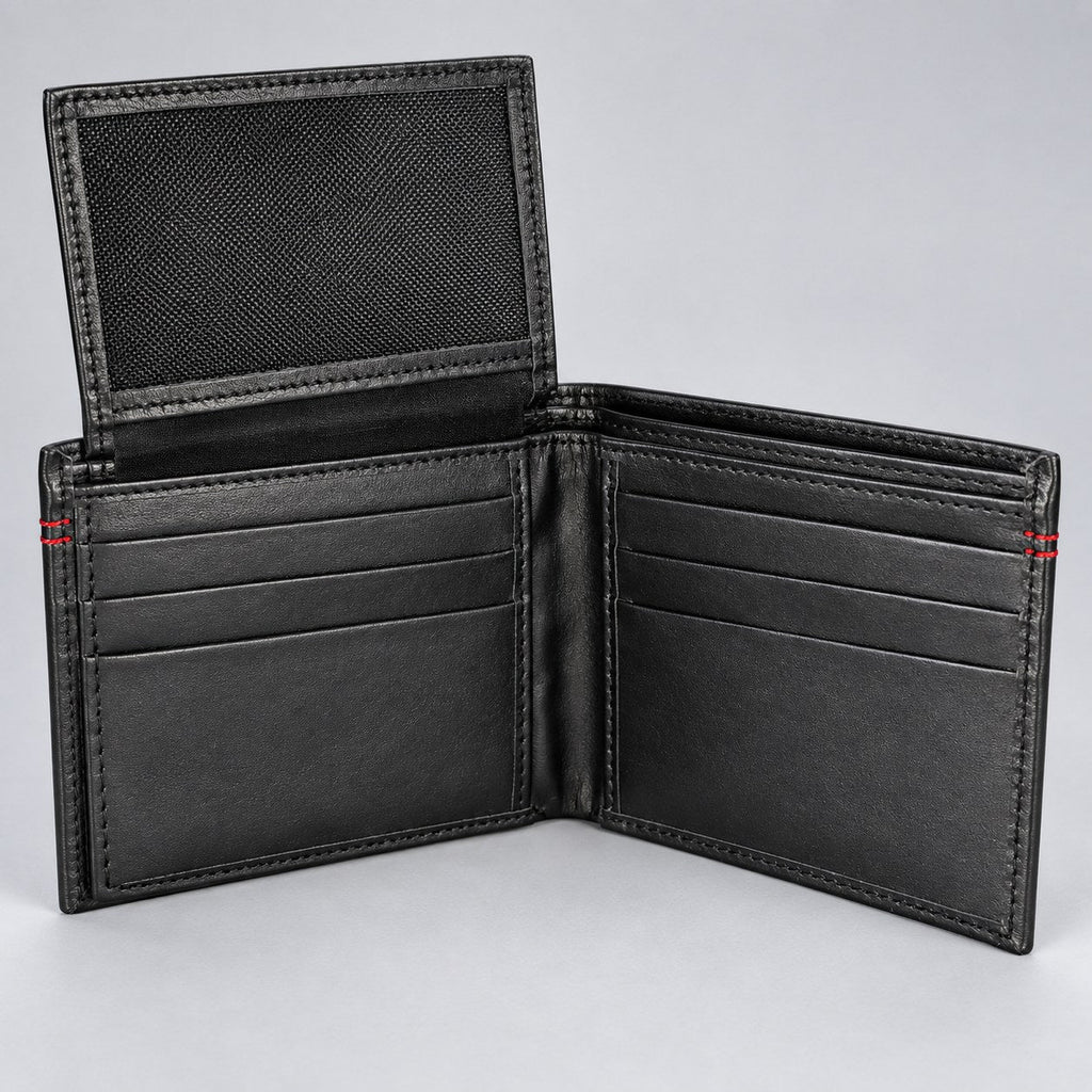 Black leather bifold wallet open, showing card slots on both wings