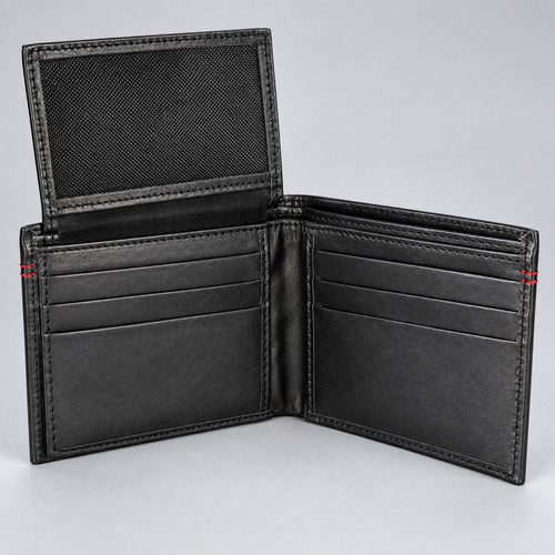 Black leather bifold wallet open, showing card slots on both wings