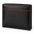 Men's black kid cow leather bifold wallet with red stitching, closed front view