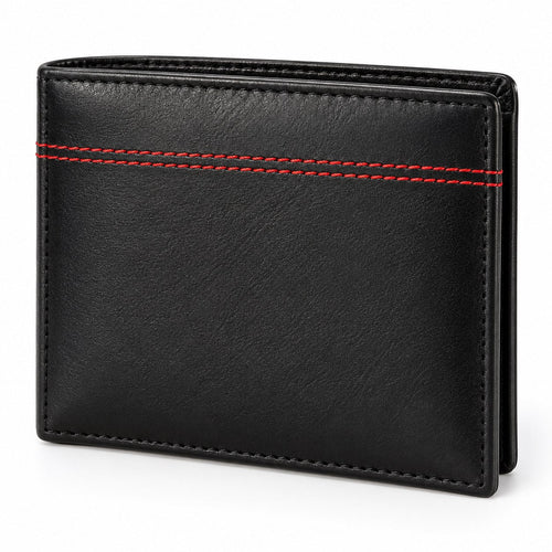 Men's black kid cow leather bifold wallet with red stitching, closed front view