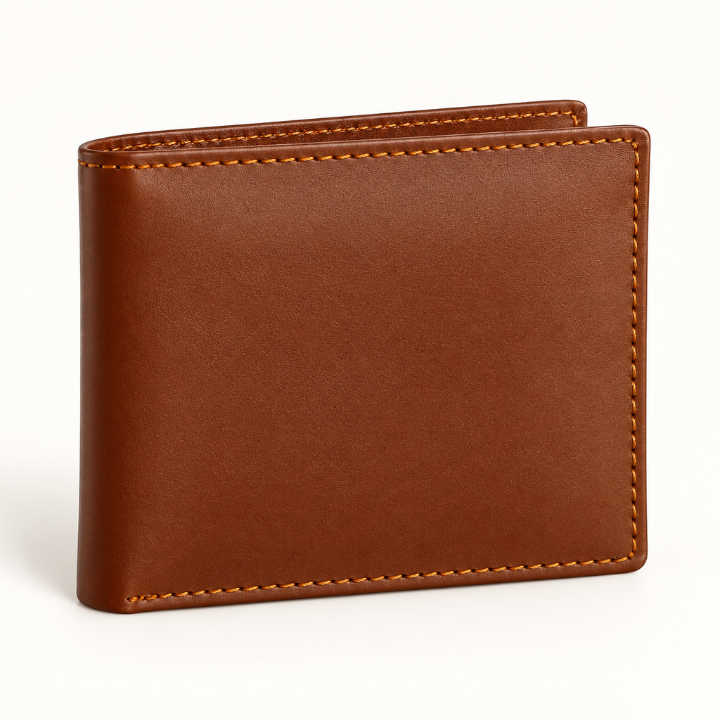 Men's tan leather bifold wallet, closed front view