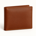 Men's tan leather bifold wallet, closed front view