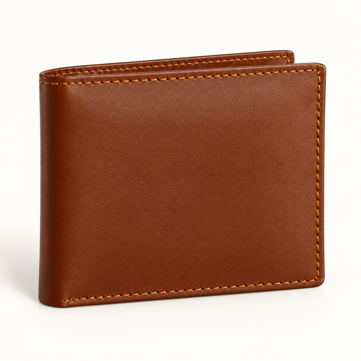 Men's tan leather bifold wallet, closed front view
