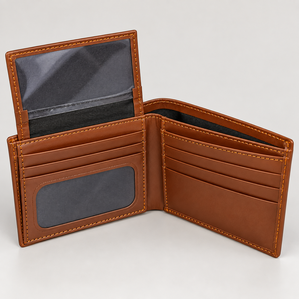 Tan leather bifold wallet open, showing removable card holder, ID window and card slots