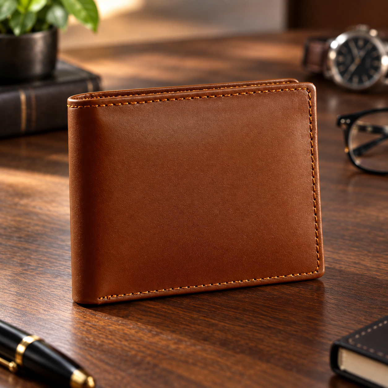 Tan leather bifold wallet on a desk beside a watch and glasses