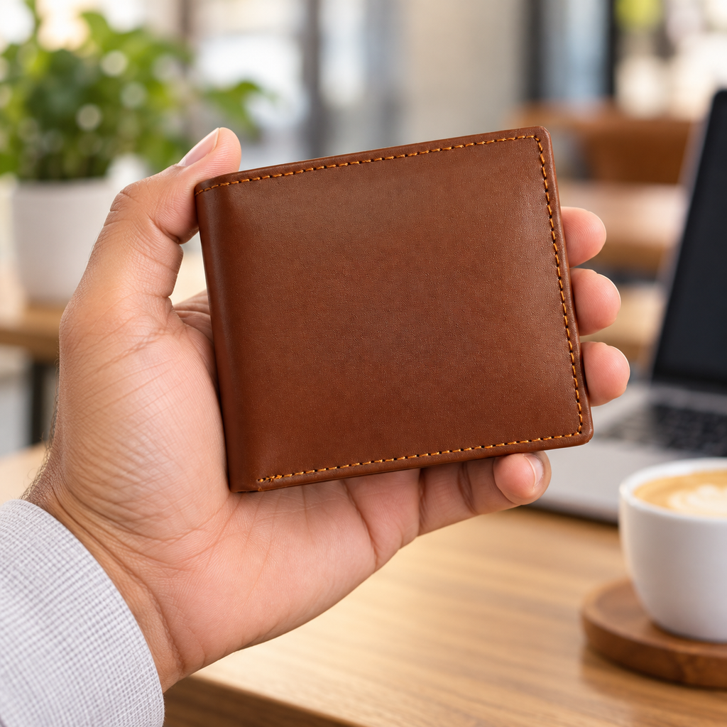 Tan leather bifold wallet held in hand, showing its size