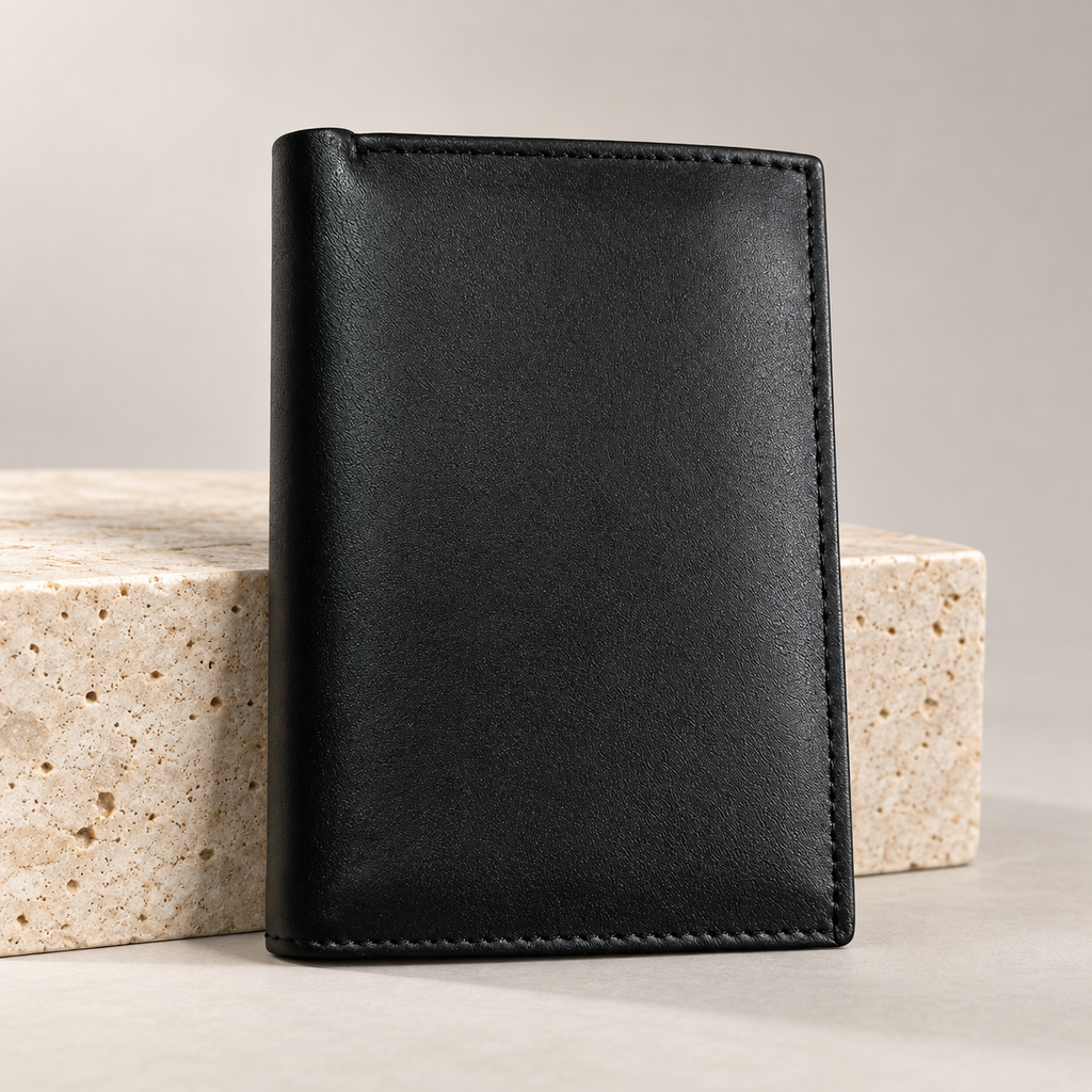 Men's black kid cow leather jumbo trifold wallet, closed front view