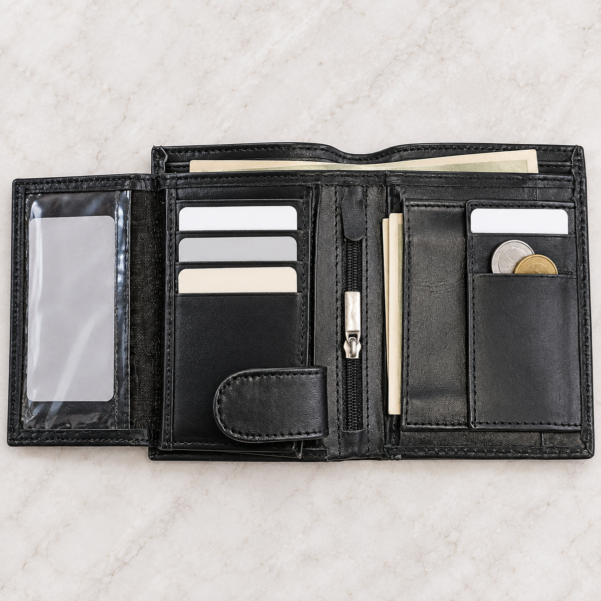 Black leather jumbo trifold wallet fully open, showing card wall, ID window, zip coin pocket and note compartments