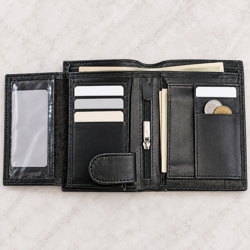 Black leather jumbo trifold wallet fully open, showing card wall, ID window, zip coin pocket and note compartments