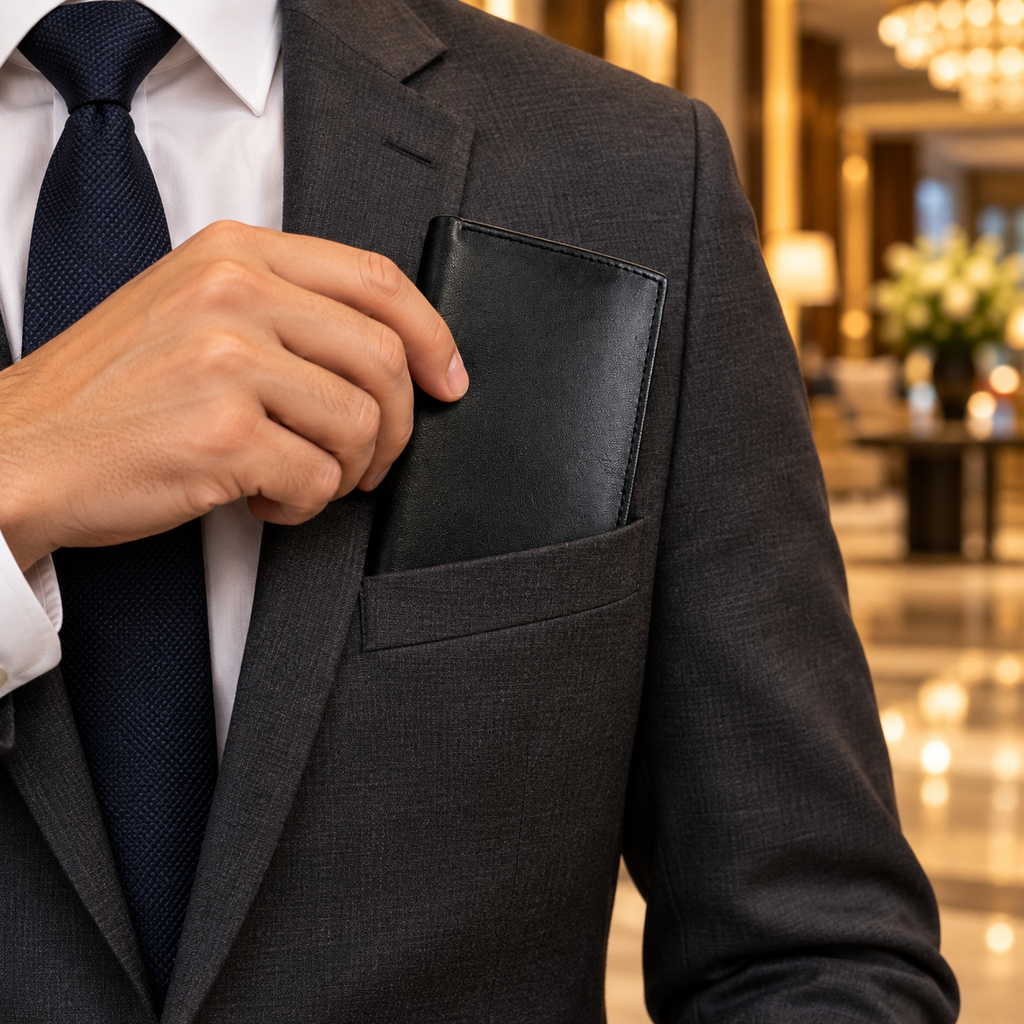 Black leather jumbo trifold wallet being slipped into a suit jacket pocket
