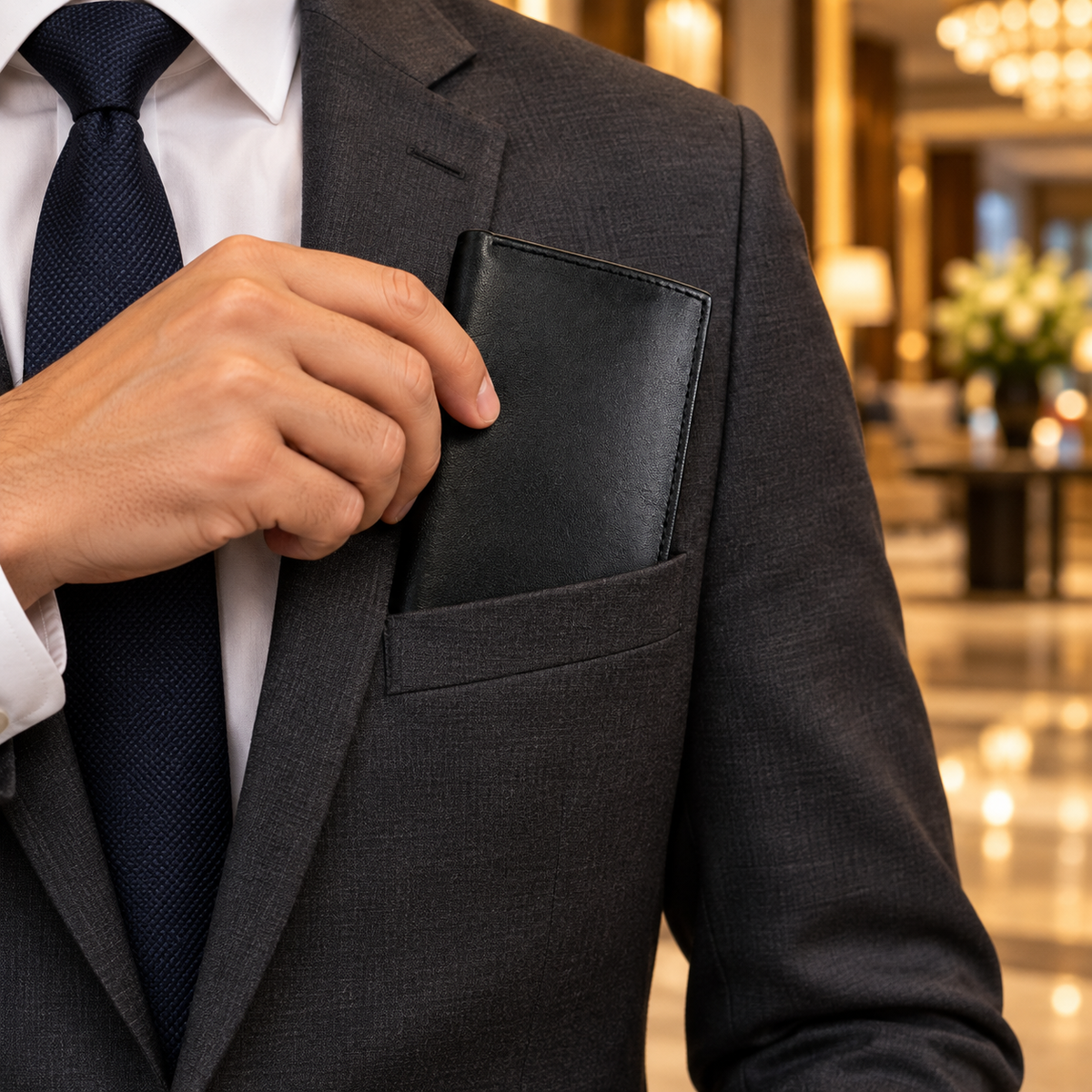 Black leather jumbo trifold wallet being slipped into a suit jacket pocket