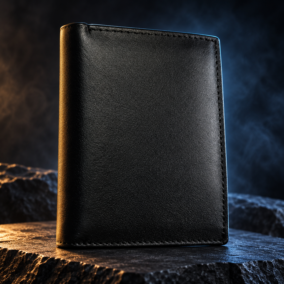 Black leather jumbo trifold wallet, angled view showing depth and stitching