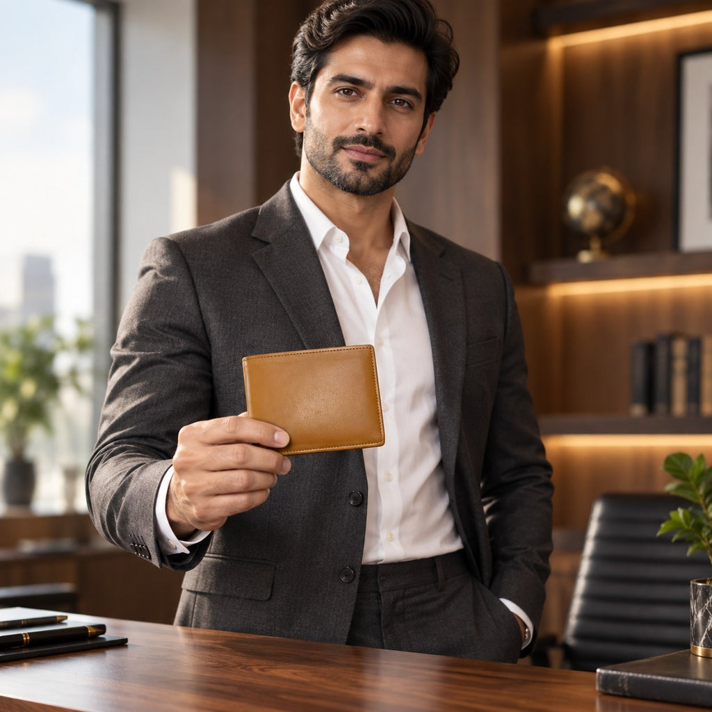 Man in an office holding the tan leather jumbo bifold wallet