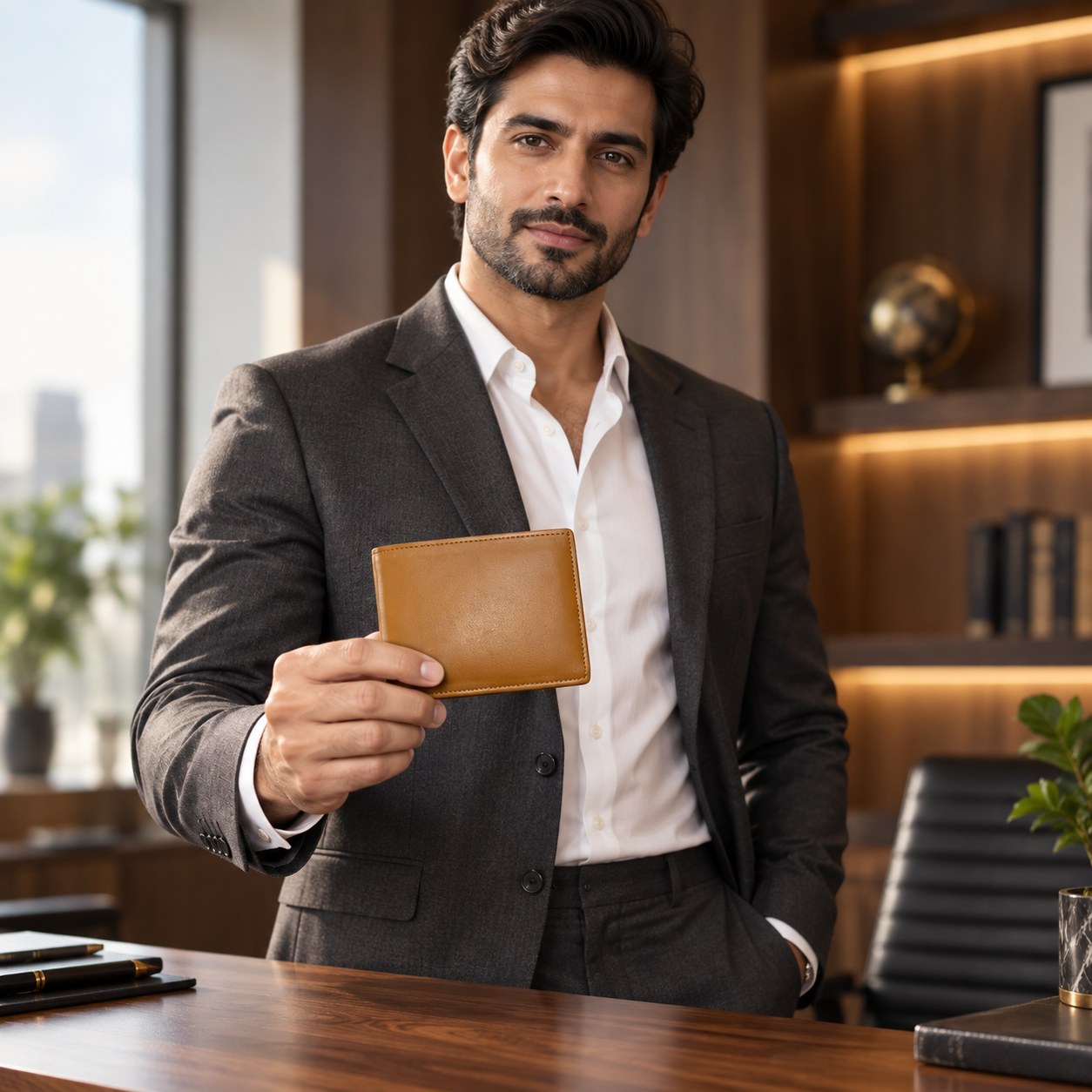Man in an office holding the tan leather jumbo bifold wallet
