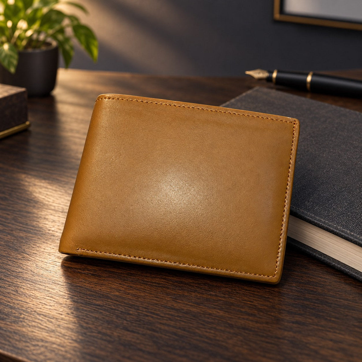 Men's tan leather jumbo bifold wallet, closed, on a wooden desk