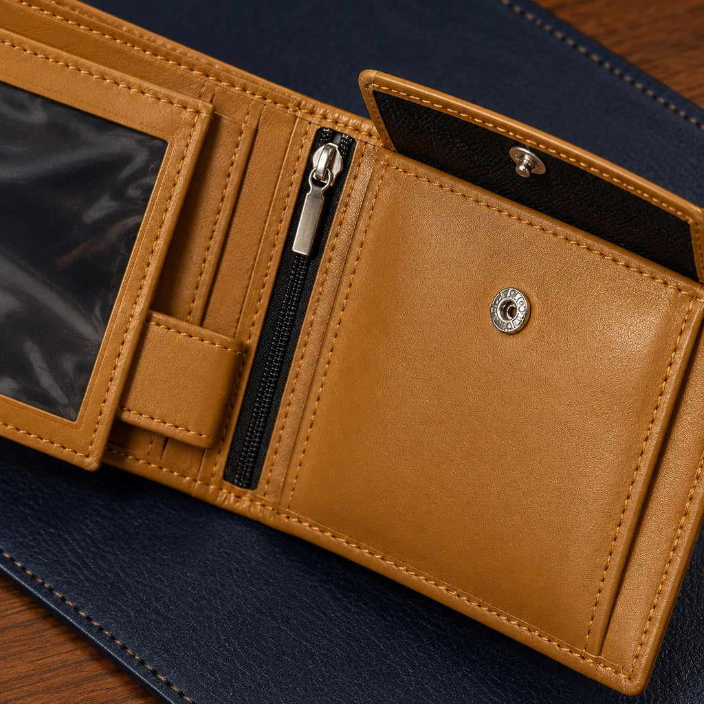 Close view of the zipped coin pocket and popper stud pocket inside the tan wallet