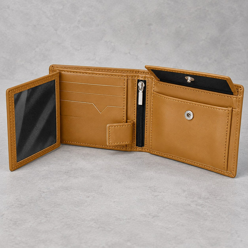Tan jumbo bifold open, showing the flip ID panel, five card slots, zipped coin pocket and stud pocket