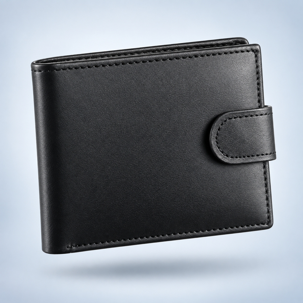 Men's black leather bifold wallet with tab closure, closed front view
