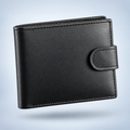Men's black leather bifold wallet with tab closure, closed front view