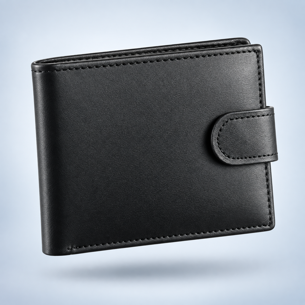 Men's black leather bifold wallet with tab closure, closed front view