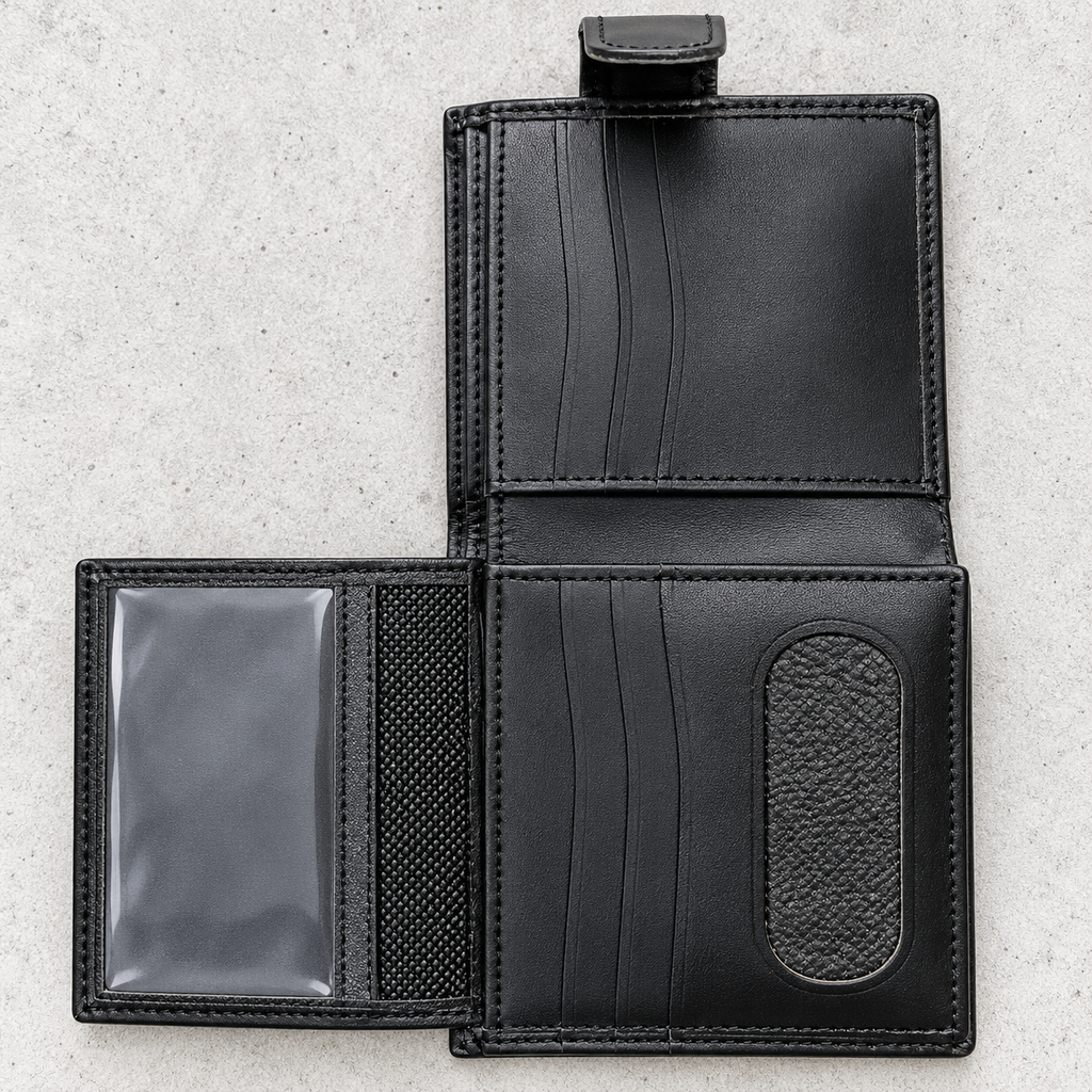 Black leather bifold wallet open, showing ID window, card slots and coin section