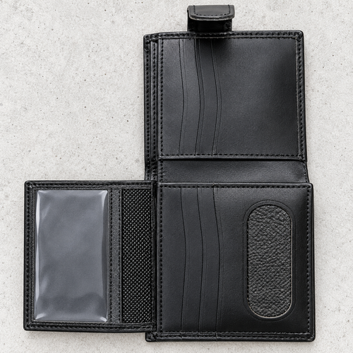 Black leather bifold wallet open, showing ID window, card slots and coin section