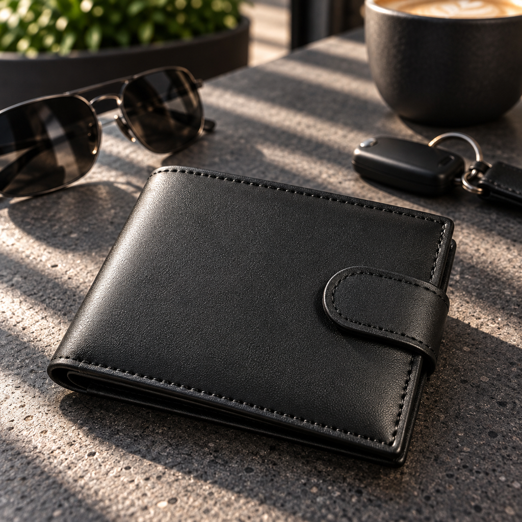 Black leather tab-close bifold wallet on a stone table with sunglasses and car keys