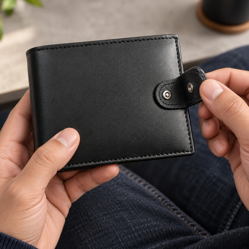 Black leather bifold wallet held in hand, tab and stud closure being opened