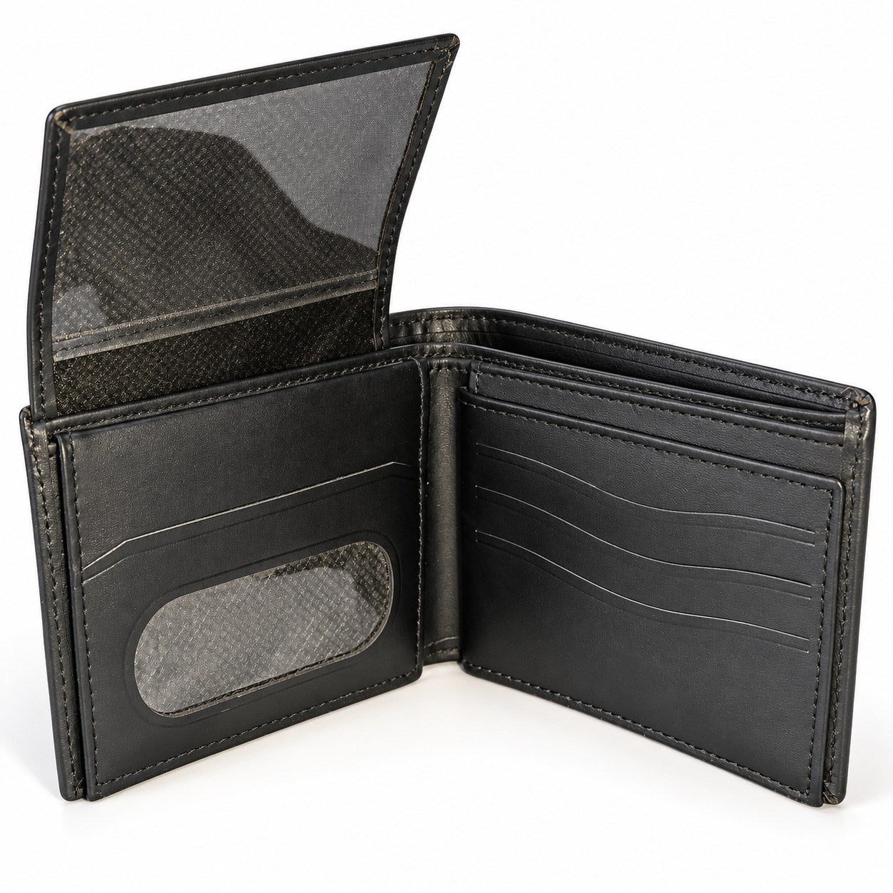 Black bifold wallet open with the centre flap lifted, showing the extra card slots