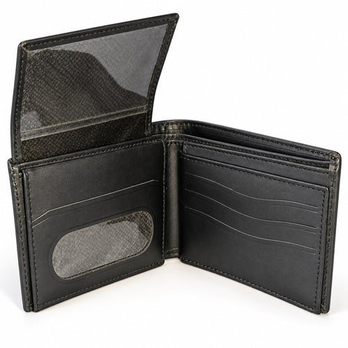 Black bifold wallet open with the centre flap lifted, showing the extra card slots