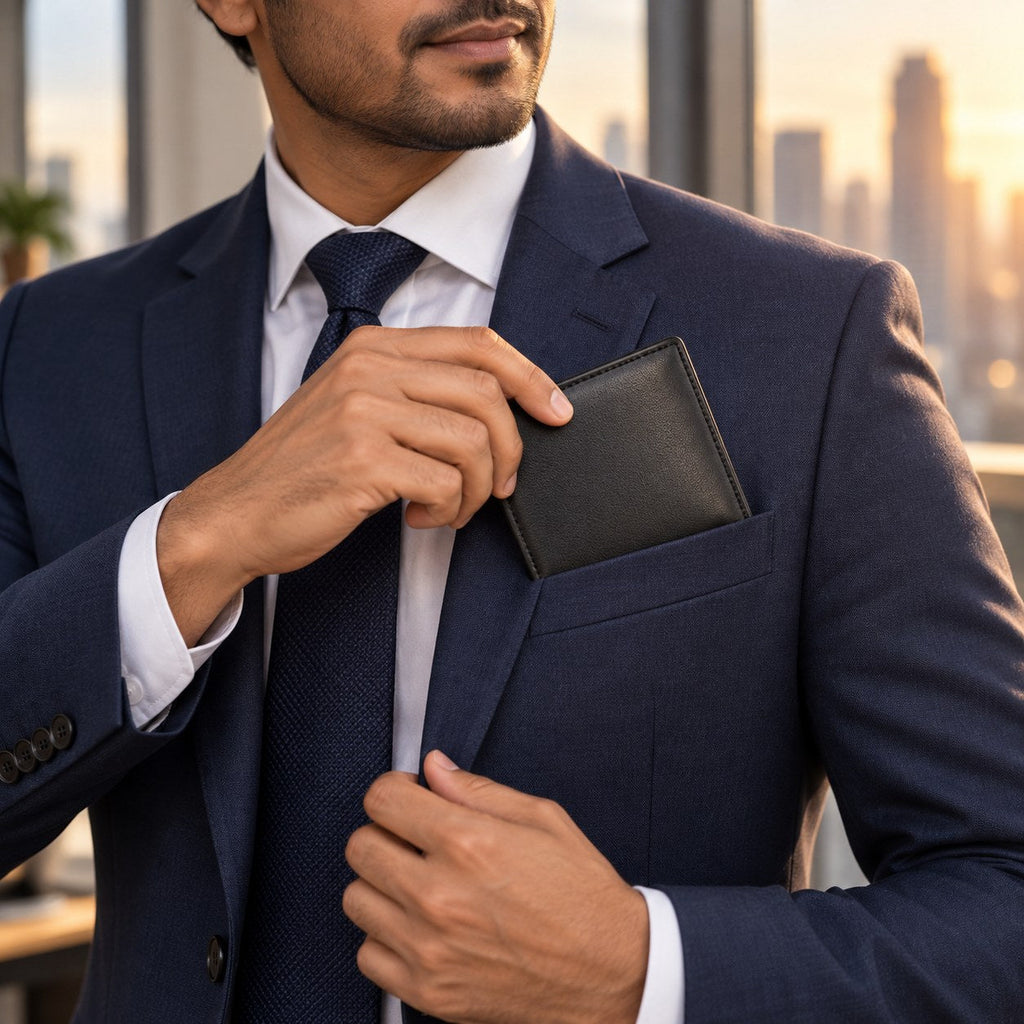 Man in a navy suit slipping the black leather bifold wallet into his jacket pocket
