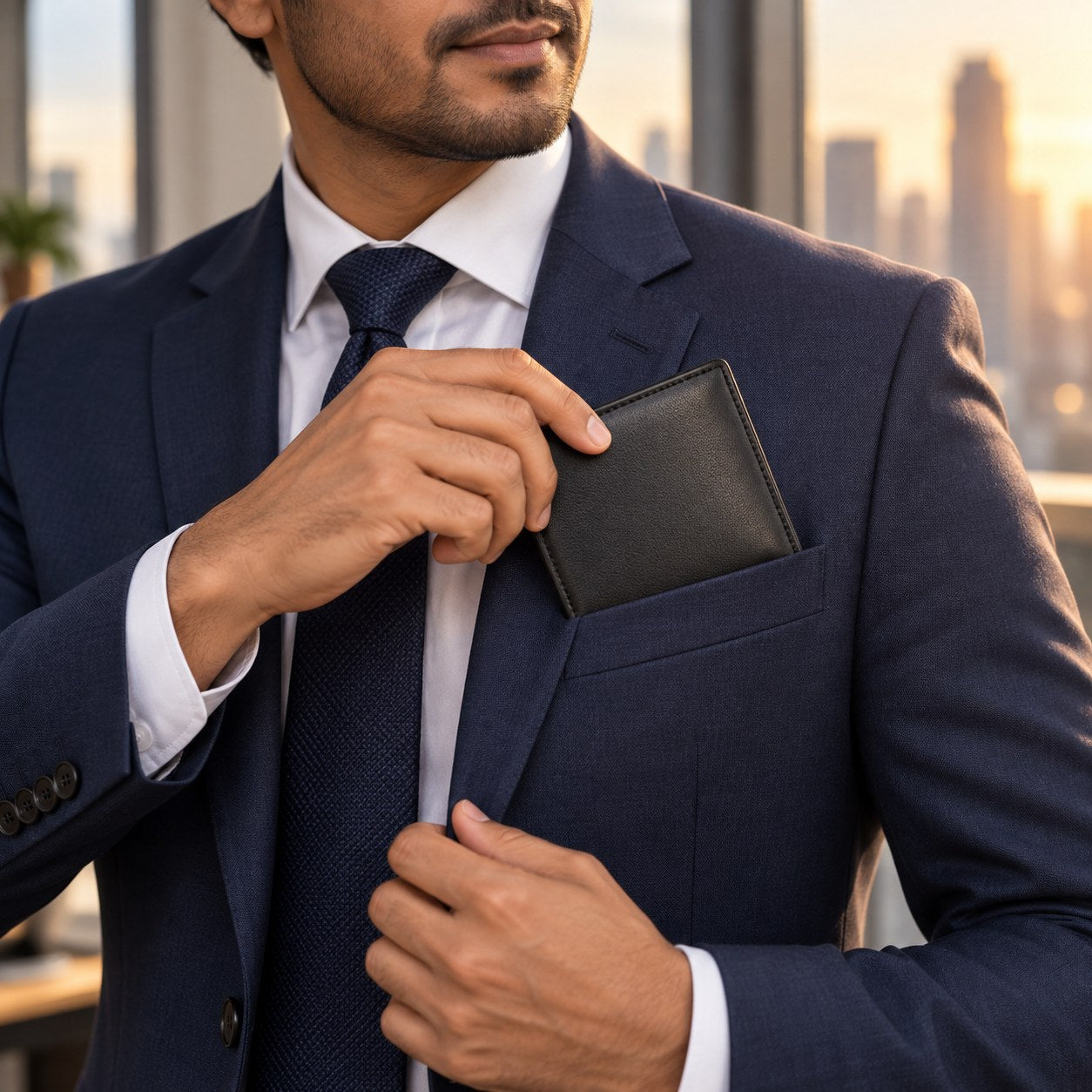 Man in a navy suit slipping the black leather bifold wallet into his jacket pocket