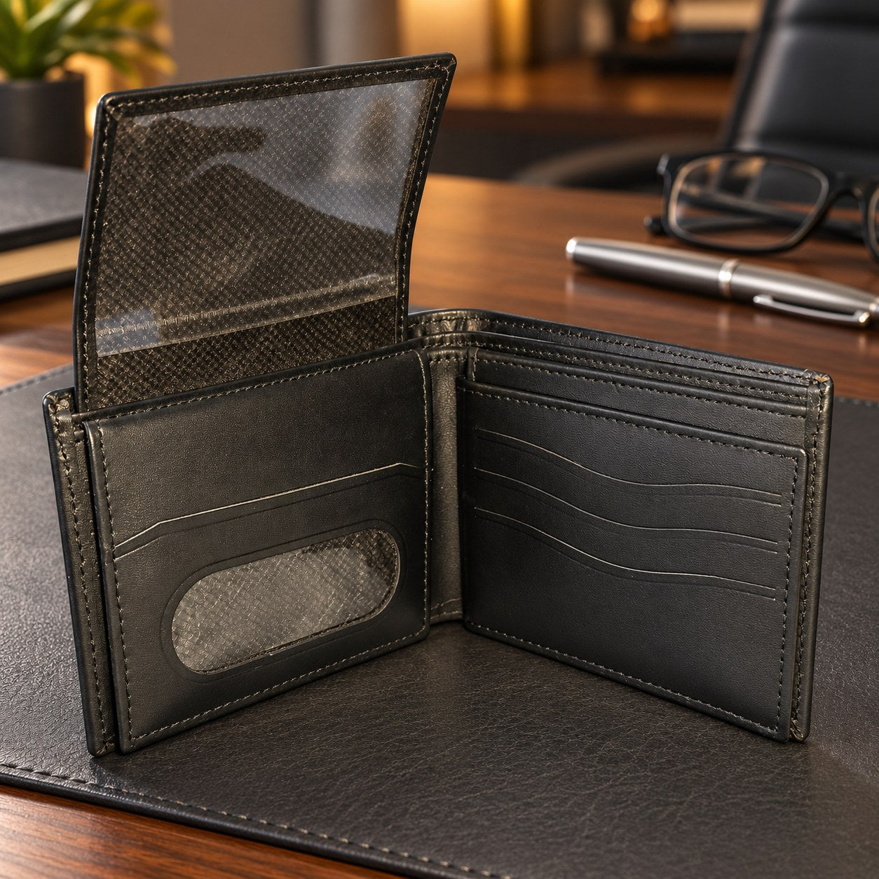 Black leather bifold wallet open on a desk, showing card slots and ID window