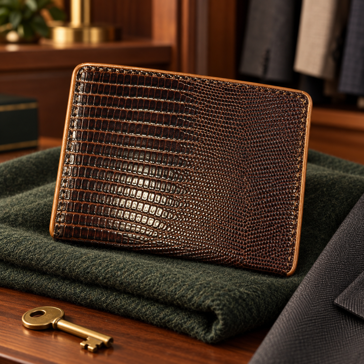 Men's brown lizard-grain leather bifold wallet with contrast tan edge, closed