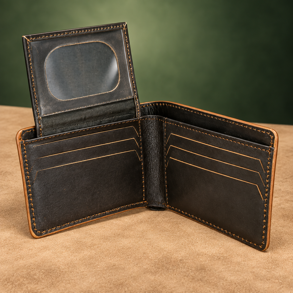 Brown lizard-grain leather bifold wallet open, showing card insert and ID window