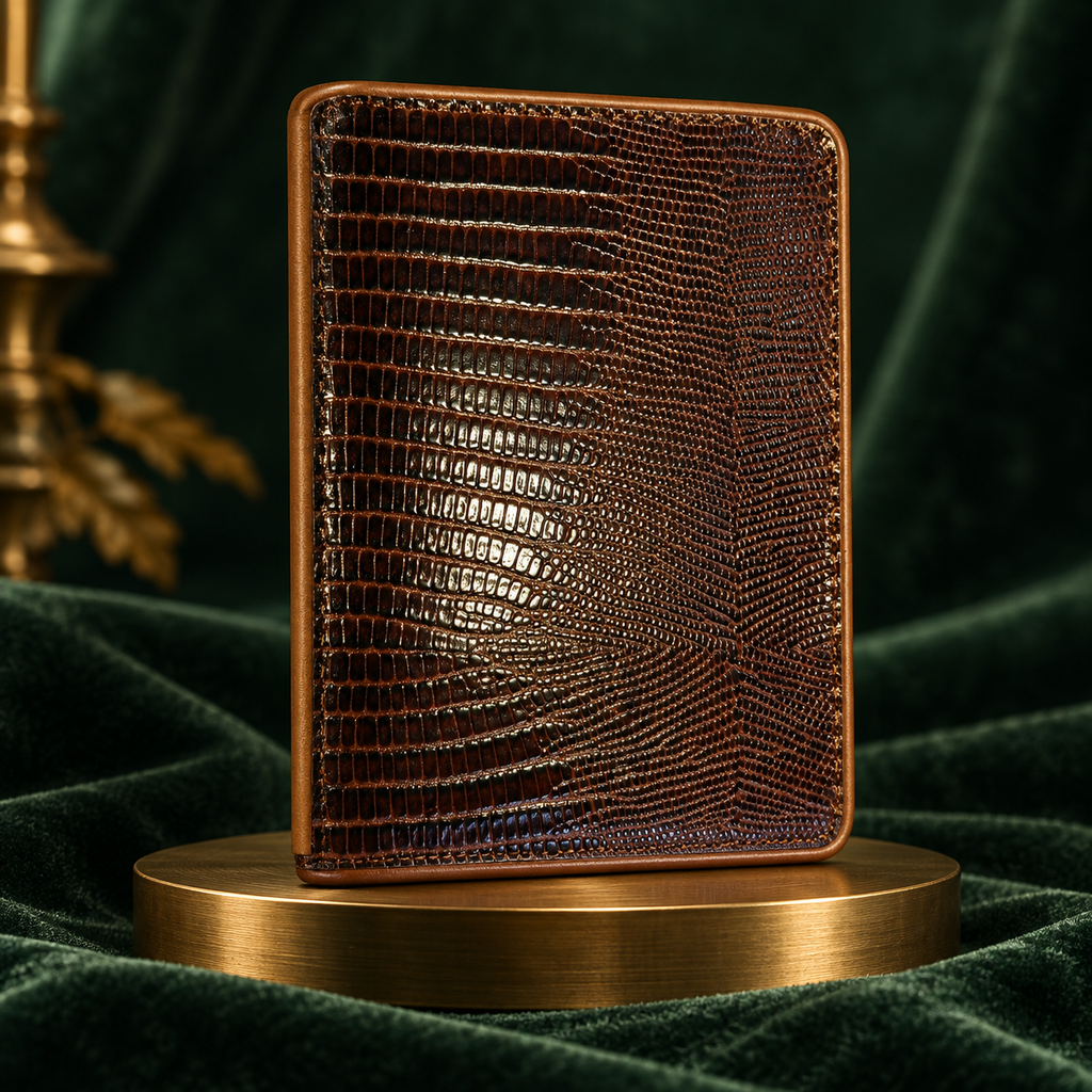 Brown lizard-grain leather bifold wallet standing on a brass plinth