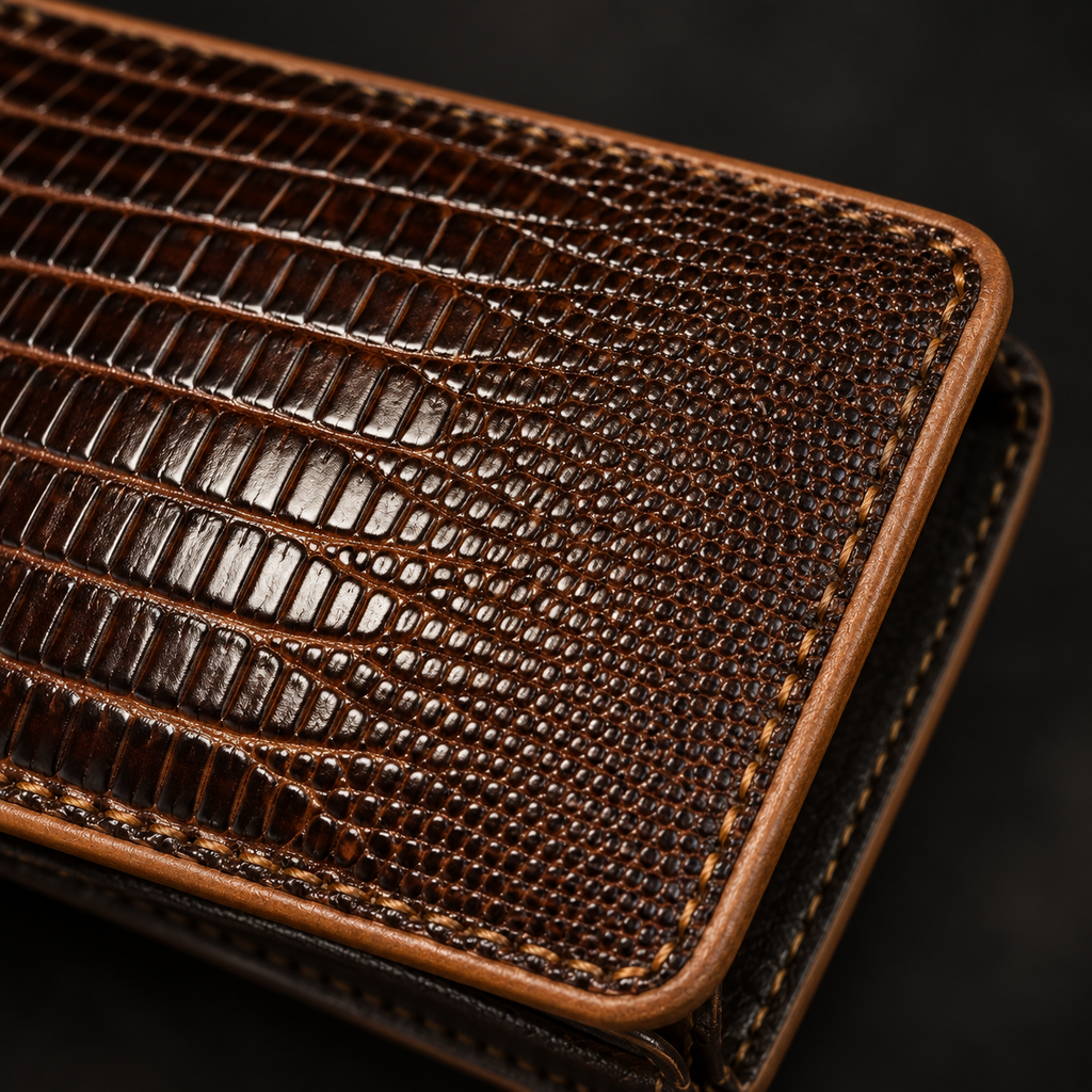 Close-up of the lizard-grain leather texture and contrast tan edge stitching