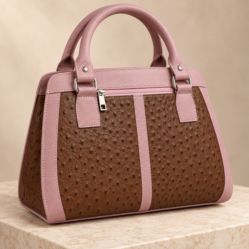 Brown ostrich grain and dusty pink leather handbag on a stone plinth