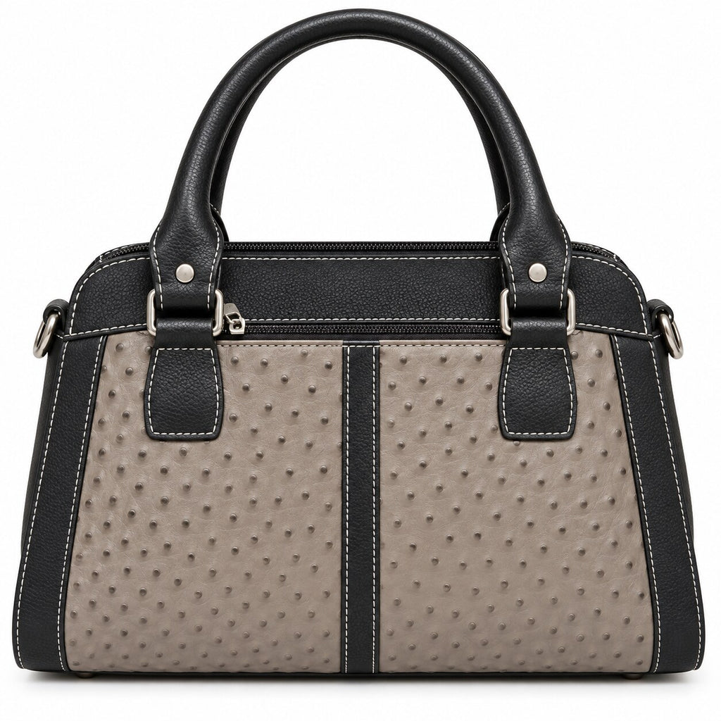 Taupe grey ostrich grain and black leather handbag with twin handles, front view