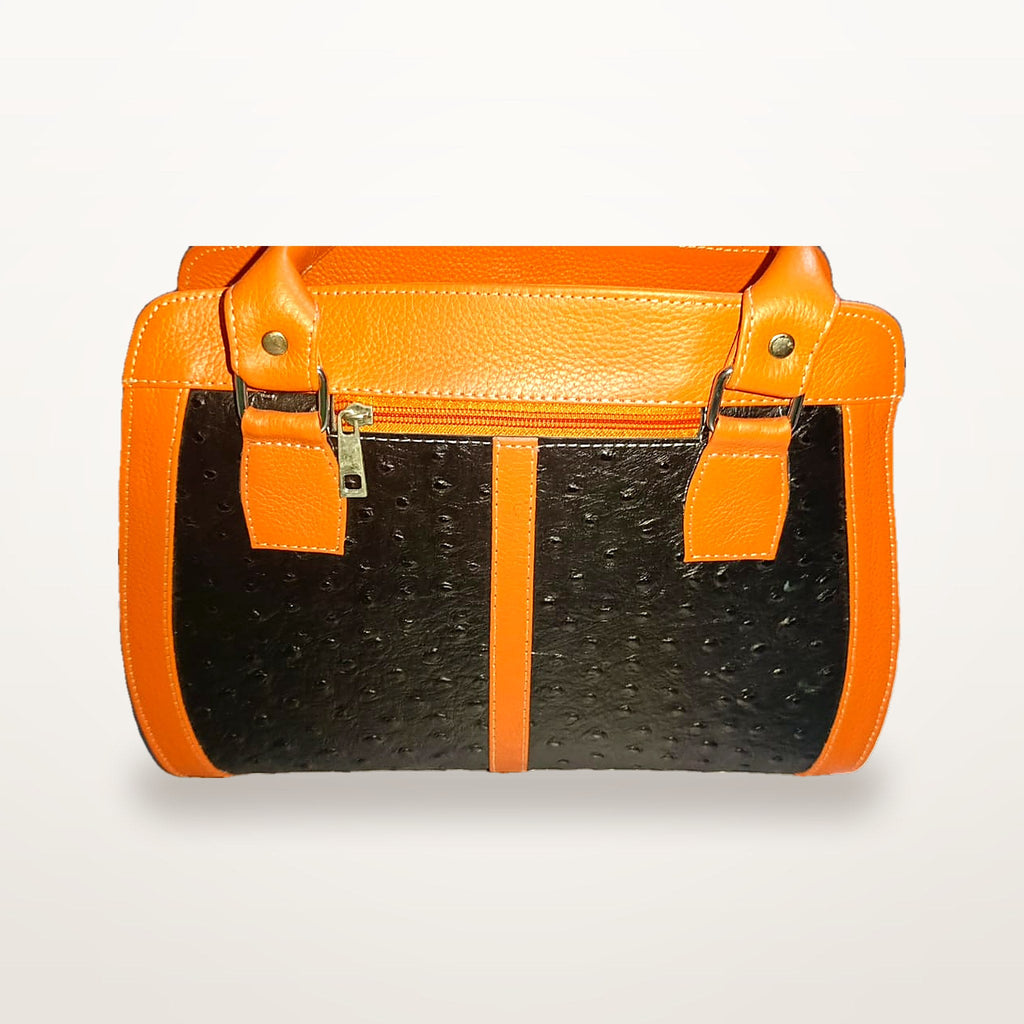 Orange and black ostrich-texture genuine leather structured handbag, front view