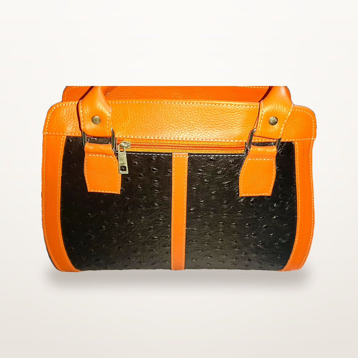 Orange and black ostrich-texture genuine leather structured handbag, front view