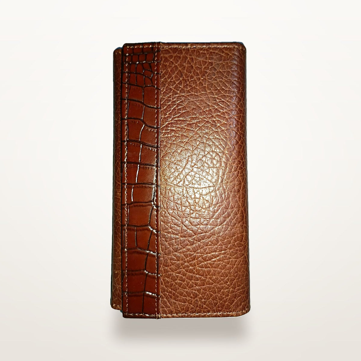 Brown pebbled and croc-embossed genuine leather long wallet, closed front view