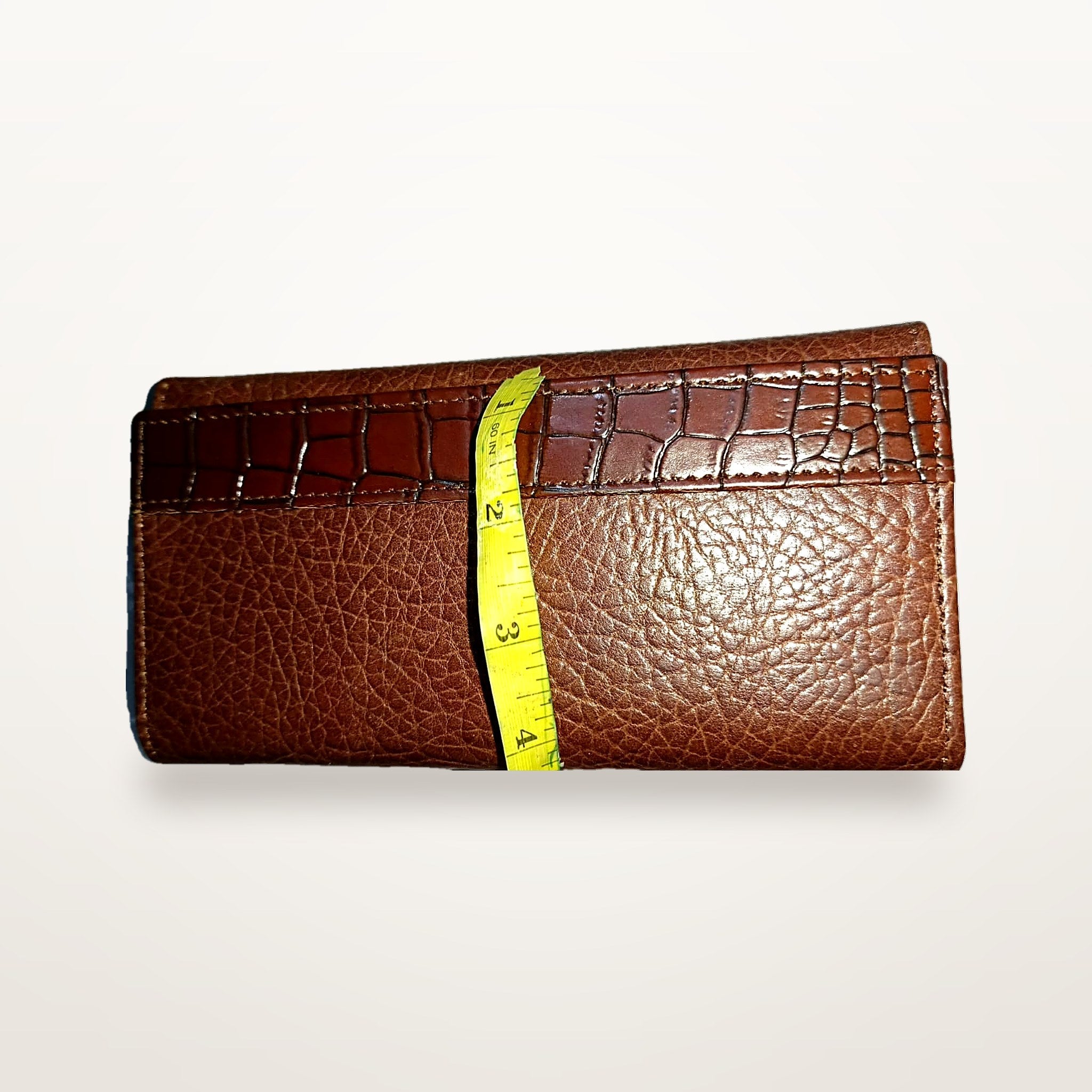 Brown pebbled leather long wallet closed, size reference