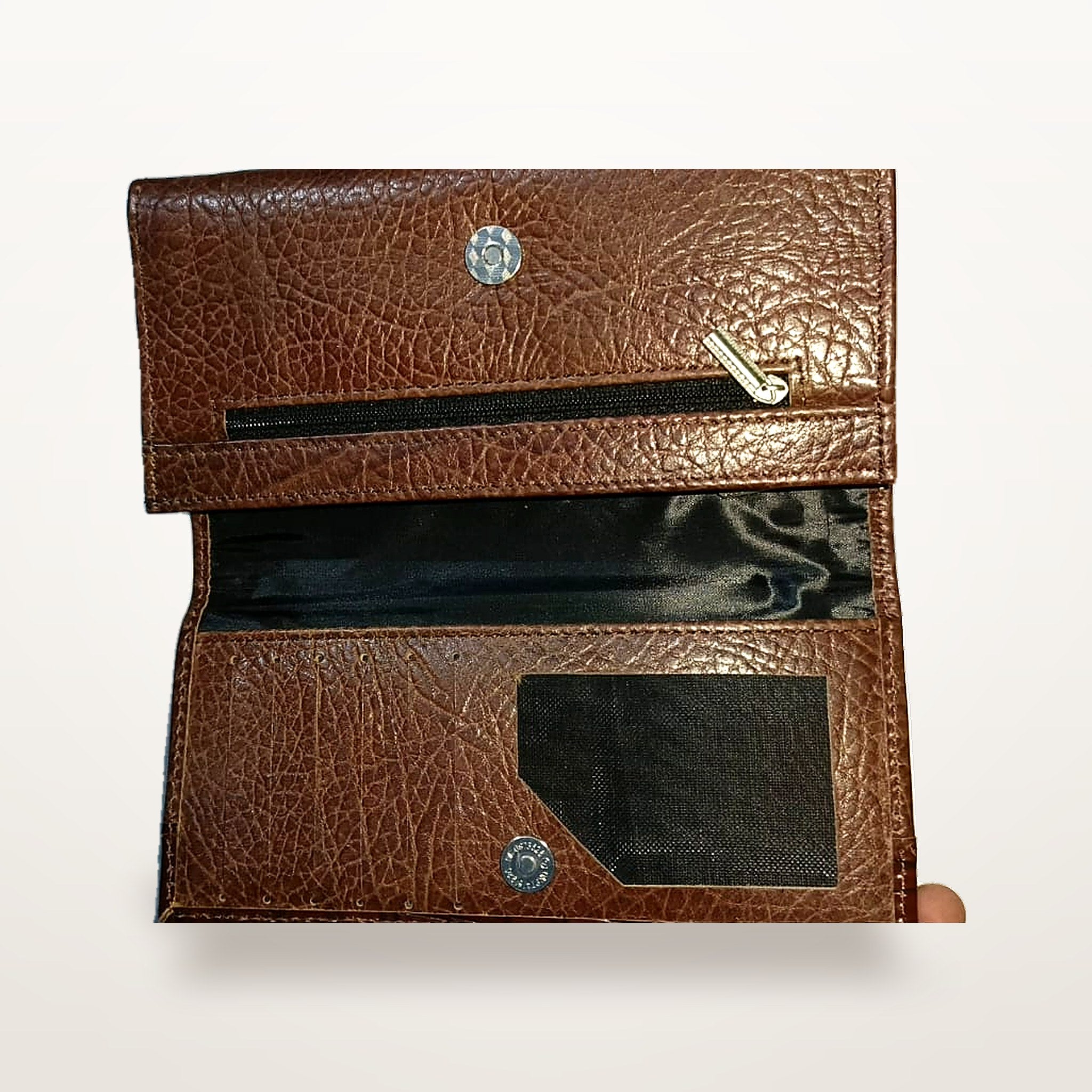 Brown leather long wallet open, card slots and note compartments