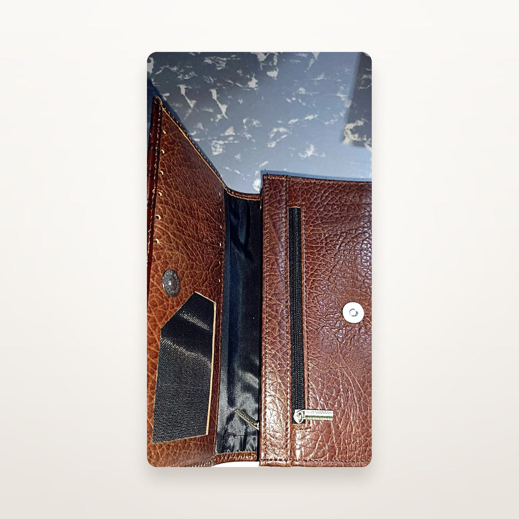 Brown leather long wallet open showing satin-finish lining