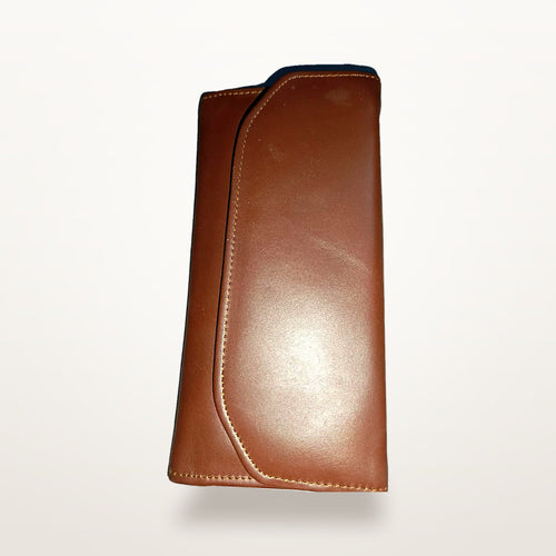 Chestnut leather envelope wallet angled, showing curved flap